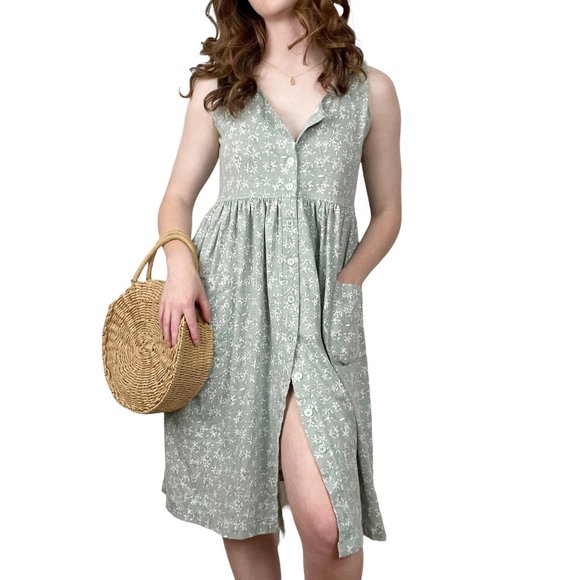Vintage Dresses & Skirts - Vintage Rustic Cottagecore Floral Button Up Sleeveless Summer Midi Dress Pockets